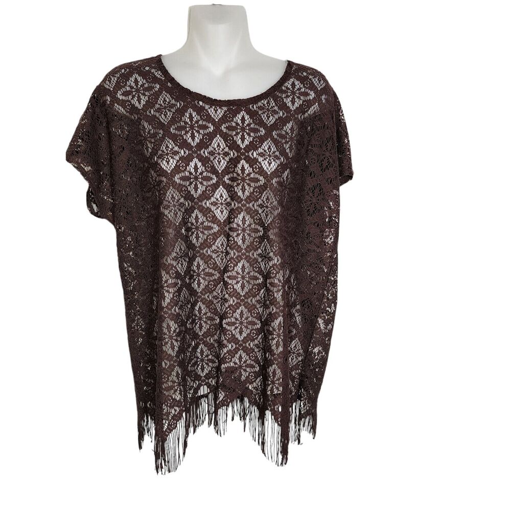 Chico's Womens Top Size 2 Large Brown Crochet Short Cap Sleeve Fringe Trim Sheer